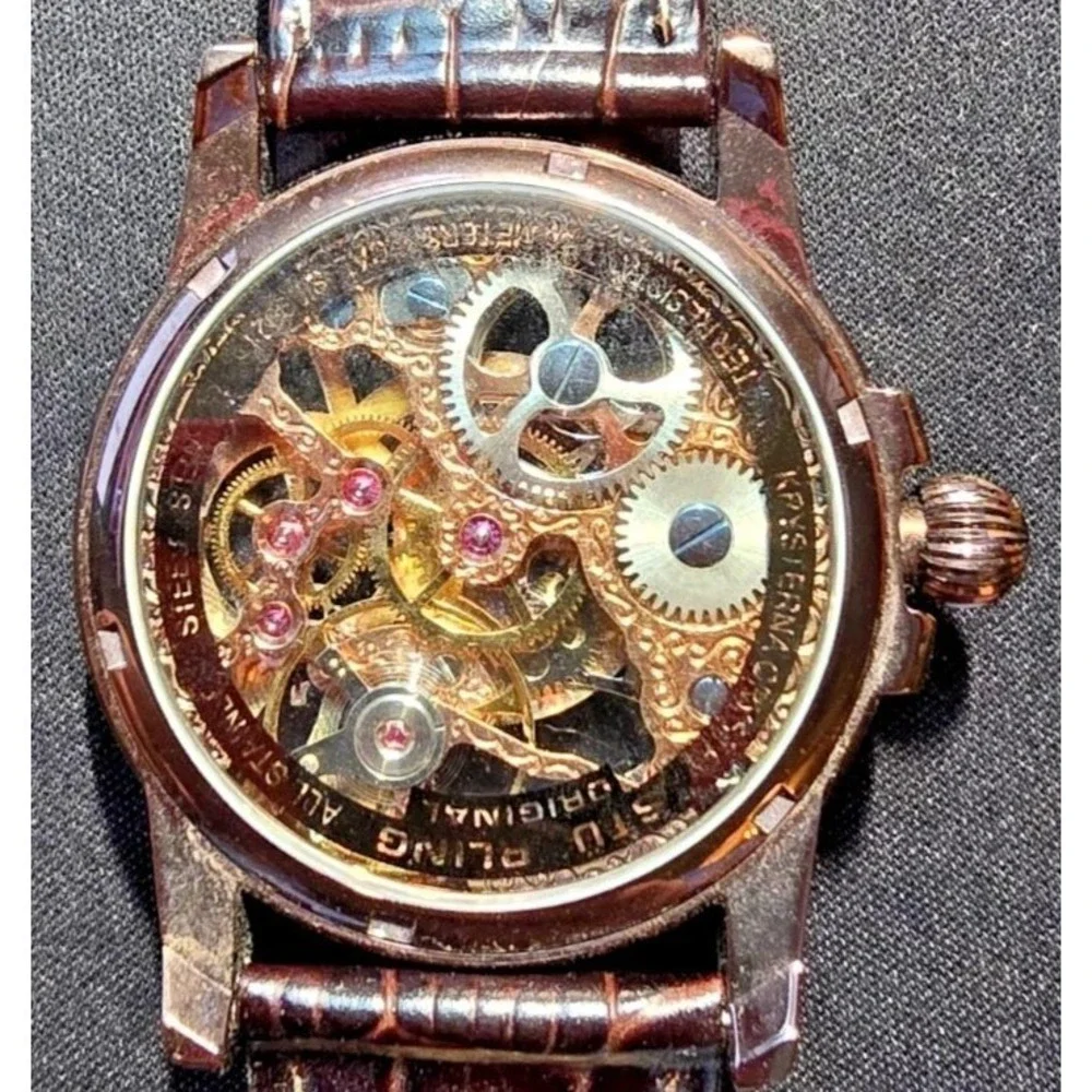 Stührling Original Brumalia Skeleton Watch Brown Leather Strap Exhibition Back